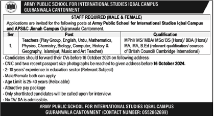 Jobs in Army Public School Gujranwala 2024