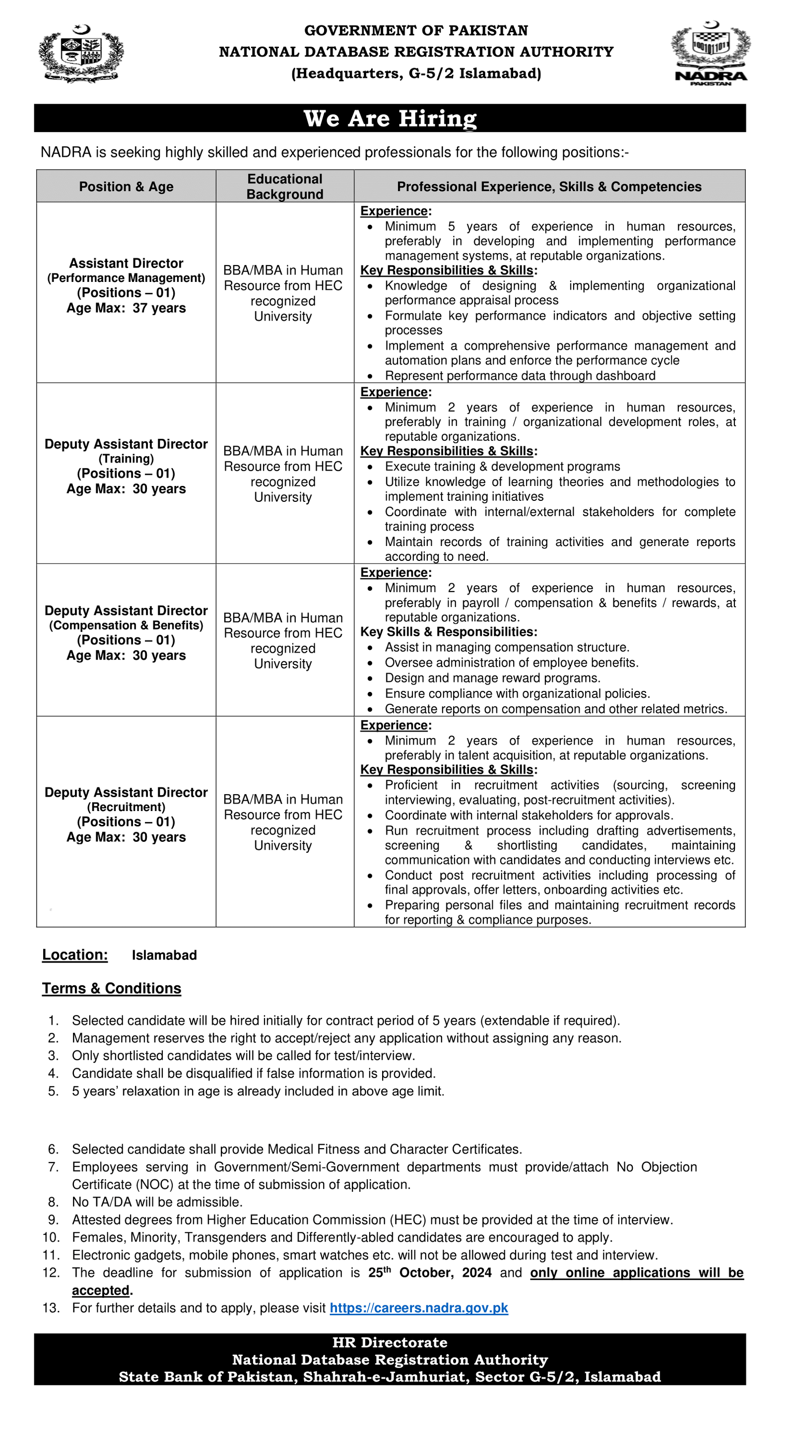 Latest Jobs in  National Database and Registration Authority (NADRA) October 2024 Apply Online